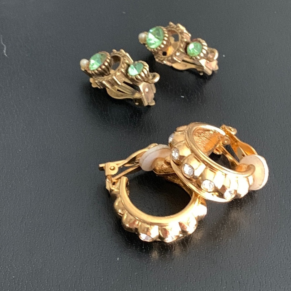Two pairs of gold tone rhinestone clip-on earrings